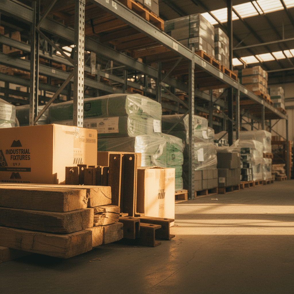 Close-up of construction materials and supplies in organized warehouse storage
