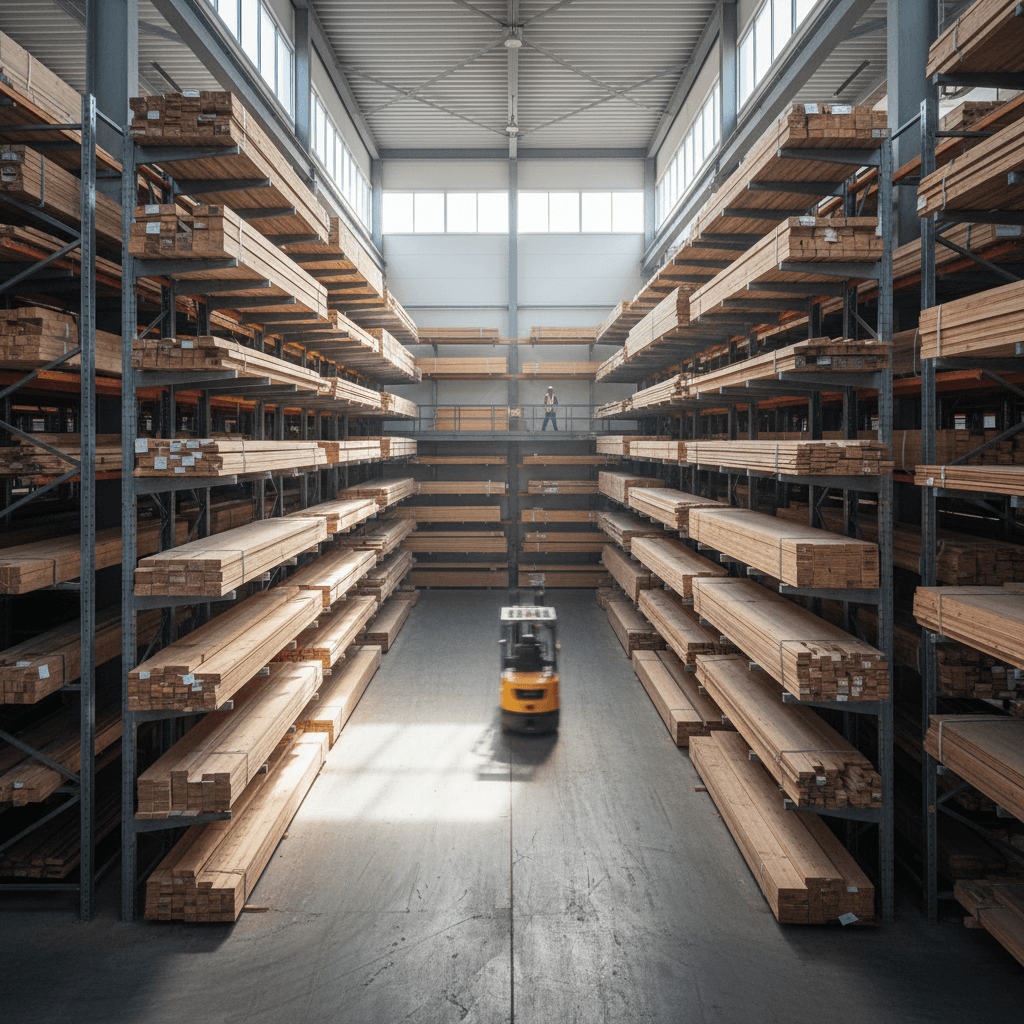 Industrial documentary aesthetic wide shot of a modern warehouse interior filled with organized timber and construction materials