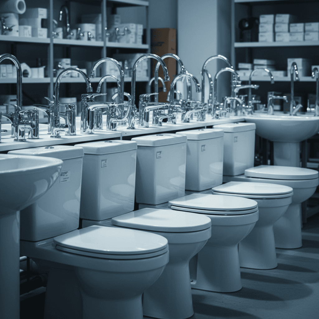 Sanitary equipment and plumbing fixtures displayed on warehouse shelves