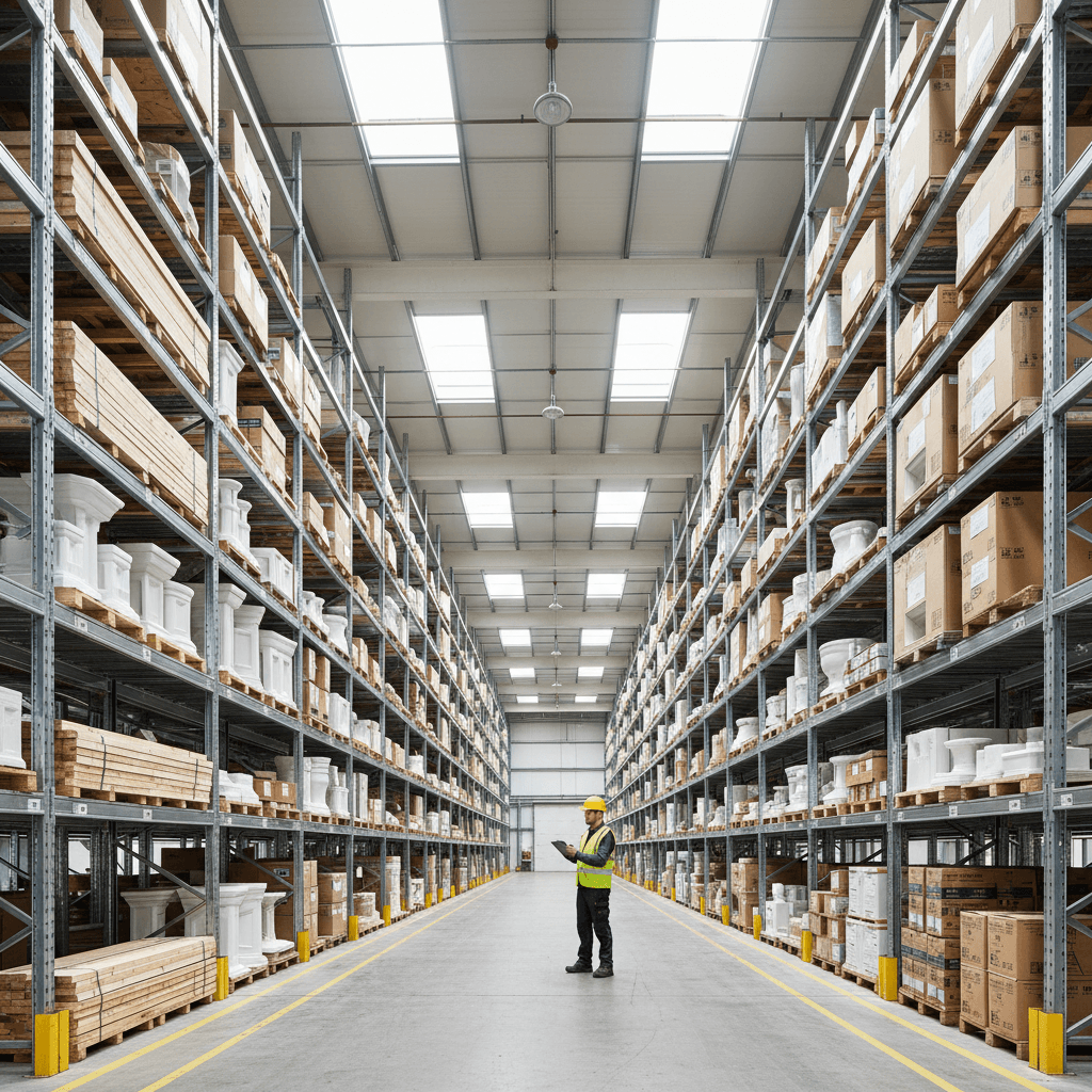 Organized warehouse interior with construction materials and inventory management