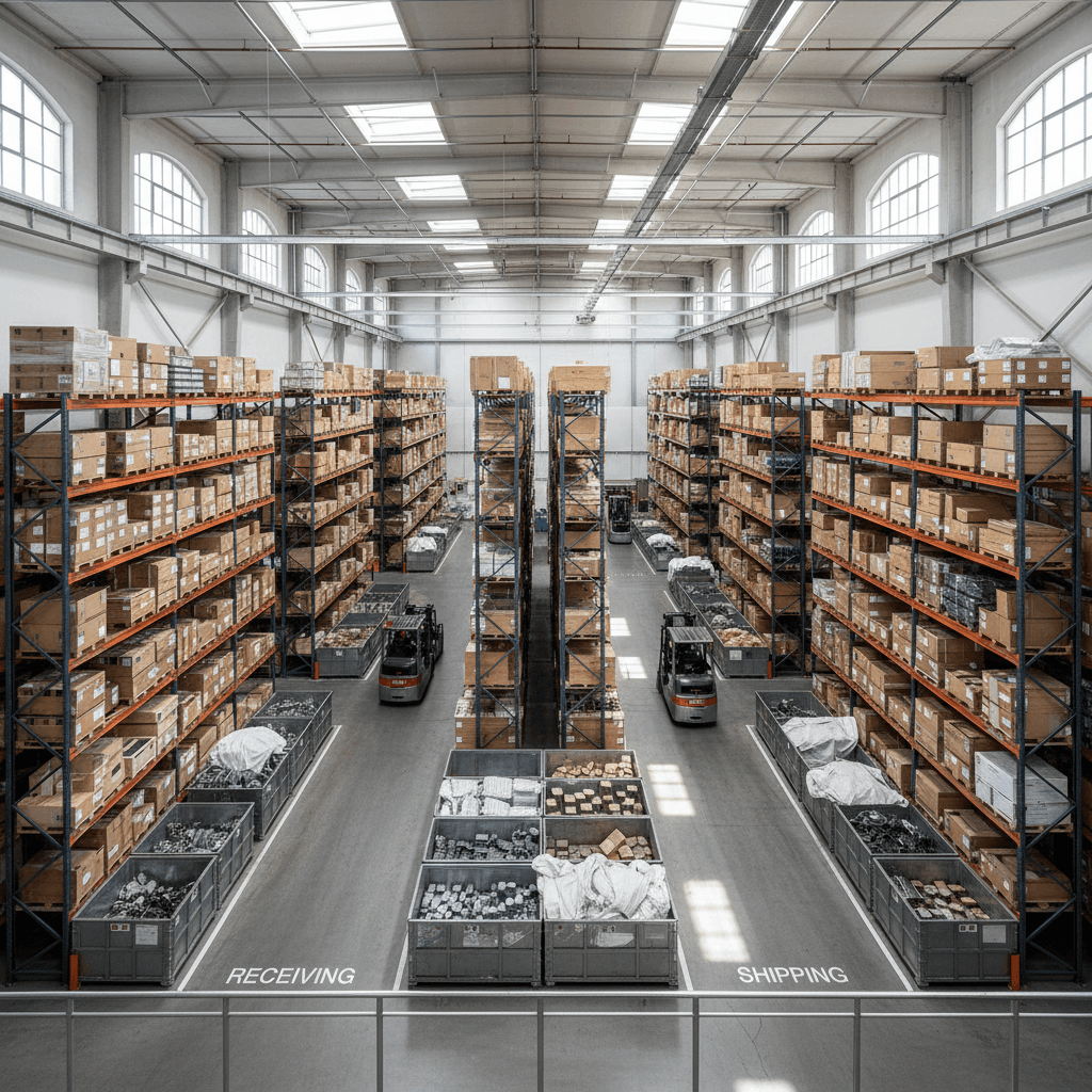 Bird's-eye view of warehouse organization and material storage bays