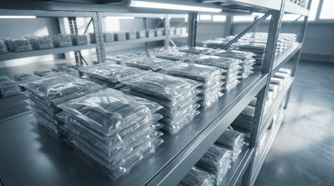 Sanitary equipment and plumbing fixtures on organized warehouse shelving